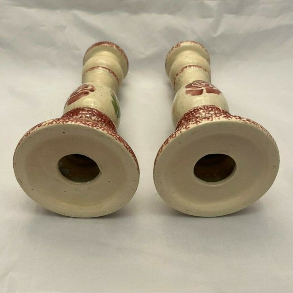 Primitive Spongeware Pink Rose Candlesticks, Set of 2, Farmhouse Cottagecore EUC - Picture 5 of 5
